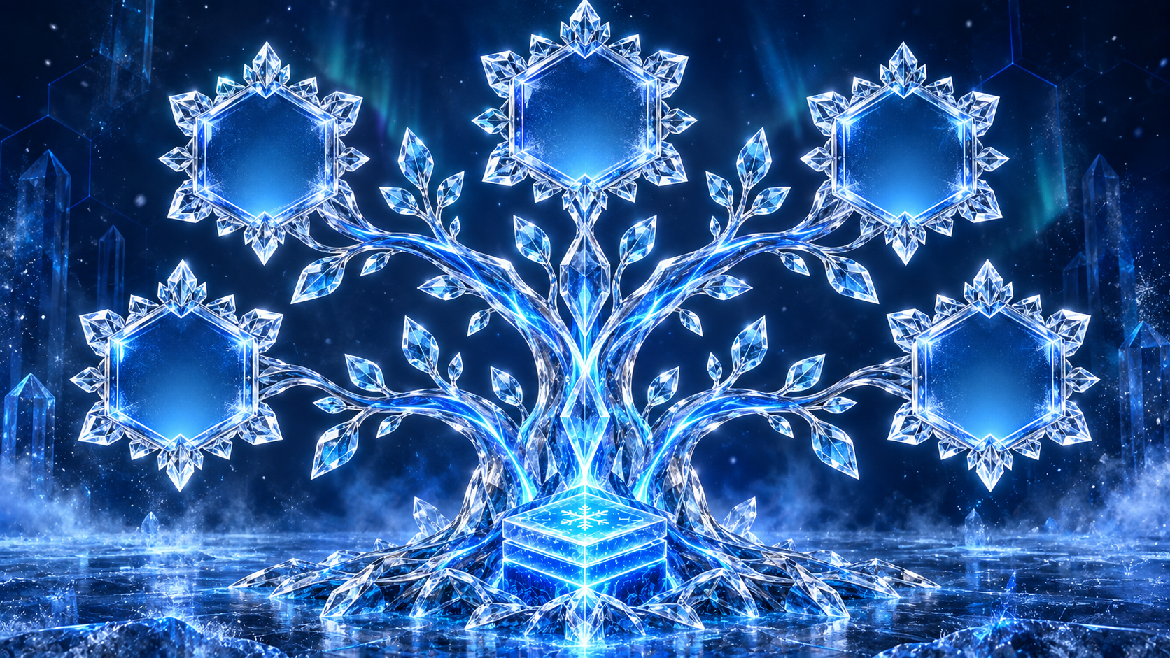 Geometric snowflake Tree of Life with six crystalline solution nodes
